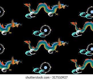 The pattern in the Chinese style with water dragons, pearl and waves on a black background. There is a frame around a pearl. 