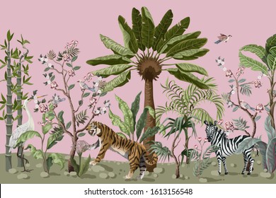 Pattern in chinoiserie style with tiger, heron and jungle trees.