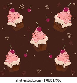pattern of chocolate brownies with cream and cherry