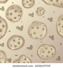 a pattern of chocolate chip cookies evenly scattered on a soft brown background, decorated with heart shapes and tiny stars.
