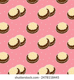 Pattern with chocolate cookies with icing, sprinkled with sesame seeds, on pink background. Vector illustration