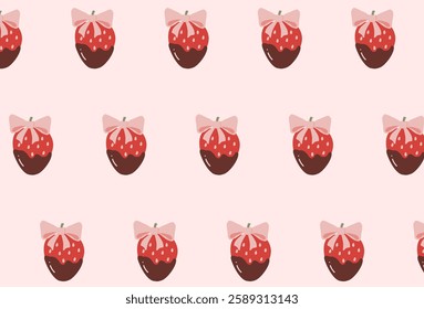 Pattern with chocolate covered strawberries and a bow. Cute vector background with strawberries and a pink ribbon bow. Delicate print with dessert is suitable for printing on paper, packaging, wallpap