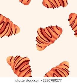 Pattern Chocolate Croissant. Cute Cartoon Brunch Background. Vector Illustration.