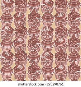 Pattern with chocolate cupcake on a beige background  