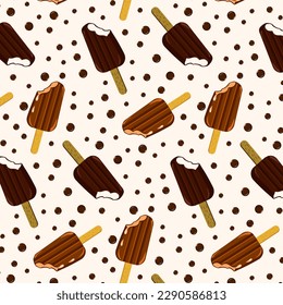 Pattern with chocolate ice cream.Vector pattern with chocolate ice cream and chocolate drops on a colored background.