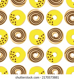 Pattern with chocolate and lemon donuts. Vector illustration. For menus, cafes, flyers, printing and packaging, shops and markets, holidays.