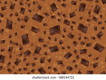 pattern with chocolate. pieces of chocolate on brown background. seamless texture