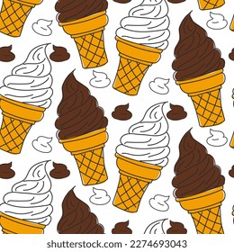 A pattern with chocolate and vanilla ice cream in a cone. Seamless background. Ice cream in a doodle-style cone with colored spots on the background. Background for printing on textiles and paper