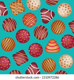 Pattern of chocolates on turquoise background