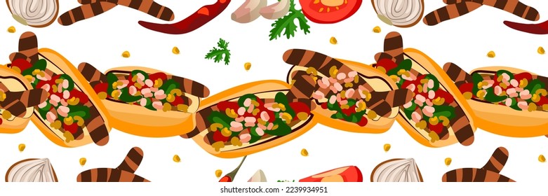 A pattern of Choripan sandwiches with chorizo. Latin American cuisine. An Argentine snack. Sandwiches with ingredients for cooking horizontally. Kitchen illustration. Suitable for printing on packagin