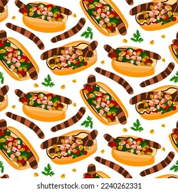 A pattern of Choripan sandwiches with chorizo. Latin American cuisine. An Argentine snack. Sandwiches with ingredients for cooking. Kitchen illustration. Suitable for printing on packaging