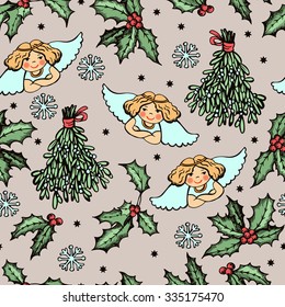 Pattern with Christmas angels and symbolic plants.  Hand drawn graphic pattern. Hand drawing. Seamless for fabric design, gift wrapping paper and printing and web projects.