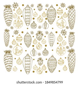 Patrón de bolas de Navidad, conos, copos de nieve al estilo de los garabatos. Los juguetes navideños están aislados en un fondo blanco. Año nuevo, ilustración vectorial de la mano de Navidad para su diseño