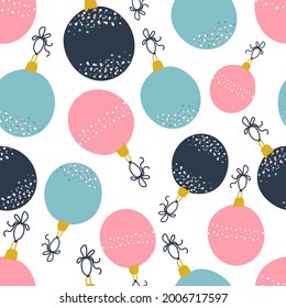 pattern of Christmas balls. Christmas decorations in blue, pink and blue. Hanging on threads. Toys of different sizes. Vector illustration, hand drawn