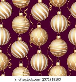 Pattern of Christmas balls. Golden Christmas balls on a dark background. Christmas decorations. Design element for fabric, wallpaper or gift wrapping.