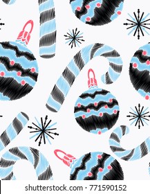 Pattern with Christmas balls, snowflakes and candy. Vector Pattern with embroidered Christmas elements.