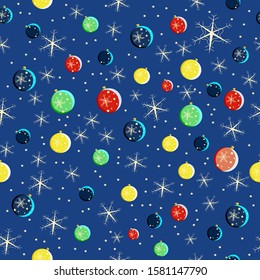 Pattern of Christmas balls and snowflakes on a blue background