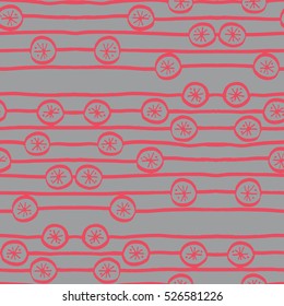 Pattern of christmas balls and stars in red color on gray background. Design for card, textile, background, wallpaper. Handmade.