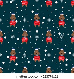  Pattern with Christmas bear on blue background. Winter snowfall hand drawn spray texture.