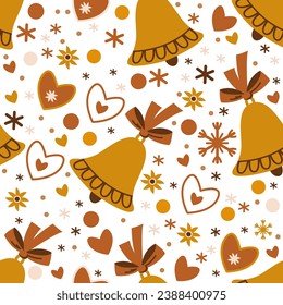 pattern with christmas bells, hearts vector illustration