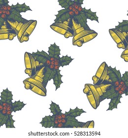 
The pattern of Christmas bells with leaves and berries