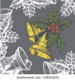 
The pattern of Christmas bells with leaves and berries