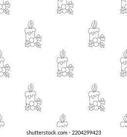 Pattern Christmas burning candles decorated with holly leaves. Cartoon character. Vector illustration. Black contour silhouette. Isolated on white background