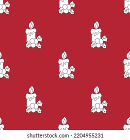 Pattern Christmas burning candles decorated with holly leaves. Cartoon character. Vector illustration. Black contour silhouette. Isolated on white background