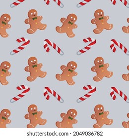 Muster mit Weihnachtsbonbons und Lebkuchenmännern auf grauem Hintergrund. Vektorgrafik