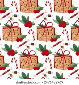 Pattern with Christmas cookies and decor. Christmas background. Christmas cookies with candies in flat style on a white background. Pattern for textile, wrapping paper, background.