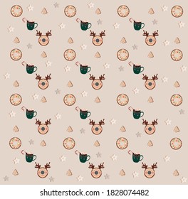 Pattern with Christmas cup with cappuccino, donuts and stars on the beige background
