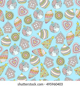 Pattern with Christmas decorations can be used for greeting cards, party invitations, gift package, web design, textiles. Background for advertising and announcements. Set of colored festive elements
