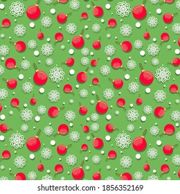 Patrón de decoraciones navideñas en un fondo verde con copos de nieve