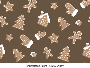 A pattern of Christmas delicious gingerbread. Mile of cookies on a craft background.