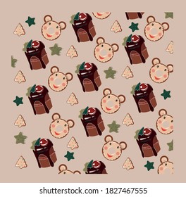 Pattern with Christmas delicious and stars on the beige background