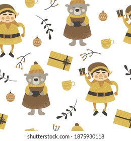 Pattern christmas design set. Merry Christmas design set with funny characters and symbols. Cute cartoon forest animals, santa and christmas elements. Vector illustration