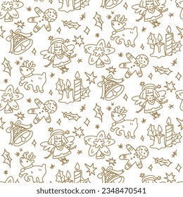 A pattern with Christmas doodles on a white background. Seamless pattern of a happy winter holiday. Happy New Year. Draw the contours of decorative design elements in retro style. Printing on package