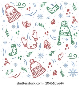 Un patrón con elementos navideños y copos de nieve. Moderna tarjeta de Navidad de moda en un fondo claro. Accesorios de invierno hechos a mano por niños en un círculo de copos de nieve de doodle. Vector
