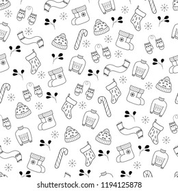 Pattern with Christmas elements for your design. Hand drawn Merry Christmas and Happy New Year doodle seamless pattern. Outline festive  seamless pattern. Coloring page.Warm winter Christmas clothes