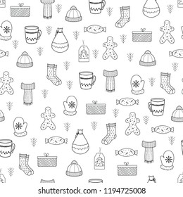Pattern with Christmas elements for your design. Hand drawn Merry Christmas and Happy New Year doodle seamless pattern. Outline festive winter seamless pattern. Coloring page.