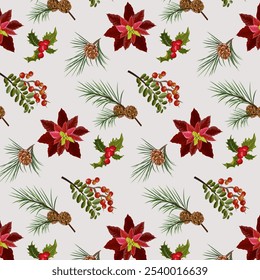 Pattern with Christmas flower and pine needles.Vector seamless pattern with Christmas flower, red berries and fir branches with cones.