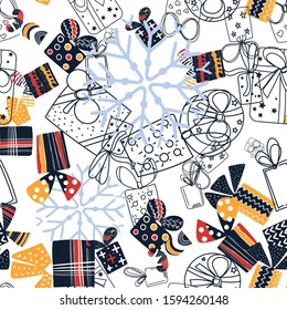 Pattern with christmas gift boxes. Beautiful present box on surface design. Wrapped beautiful scandinavian style gifts