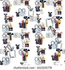 Pattern with christmas gift boxes. Beautiful present box on surface design. Wrapped beautiful scandinavian style gifts