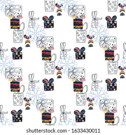 Pattern with christmas gift boxes. Beautiful present box on surface design. Wrapped beautiful scandinavian style gifts