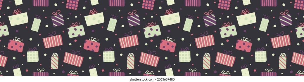 Pattern with Christmas gift boxes. Wallpaper concept. Banner. Vector