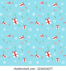 Pattern of Christmas gift, candy and snowflake on blue background.