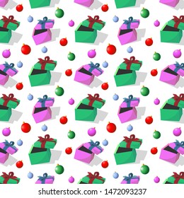 Pattern with Christmas gifts and colorful balls on a white background.