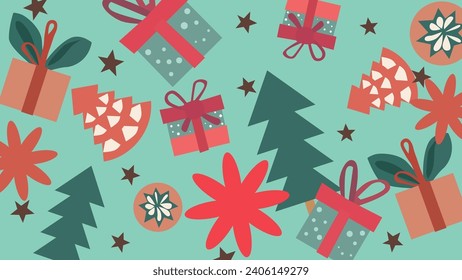a pattern of Christmas gifts decorations and Christmas trees. Vector banner