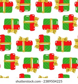 Pattern with Christmas gifts. The gift is a green striped box with a yellow bow on a white background. Seamless ornament for packaging for Christmas and New Year