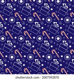 Pattern with Christmas gifts, sweet cane. Festive New Year illustration. Vector on a blue background. For use in packaging, clothing stores, covers, prints, textiles, promotions and flyers.